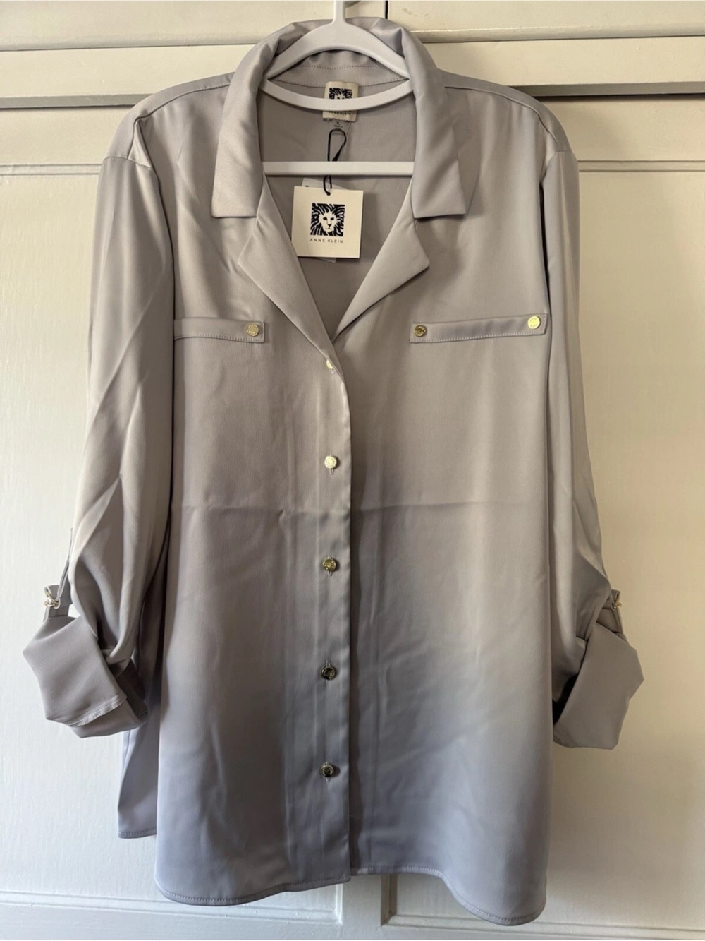 Anne Klein Light Gray silver  Casual Button-Down Shirt Sz XL